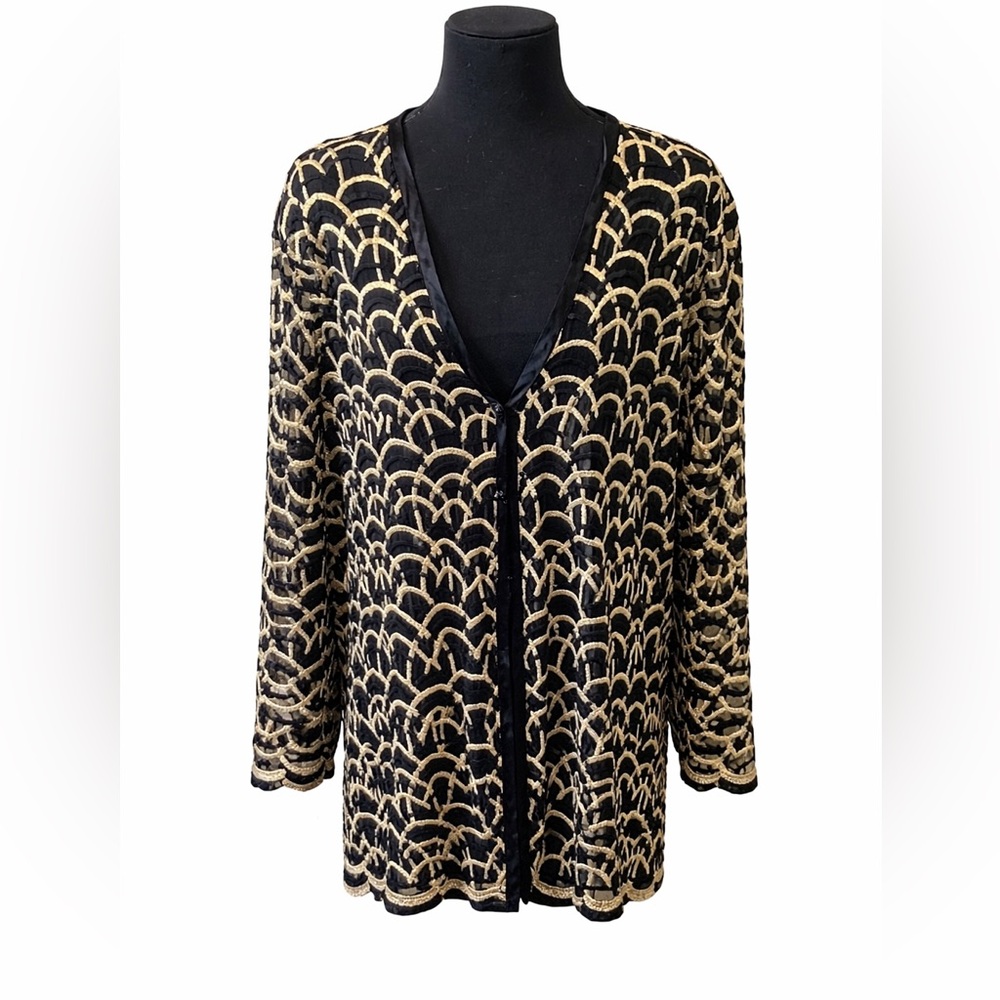 Black Gold Art Deco Sequin Open Front Cardigan Jacket M